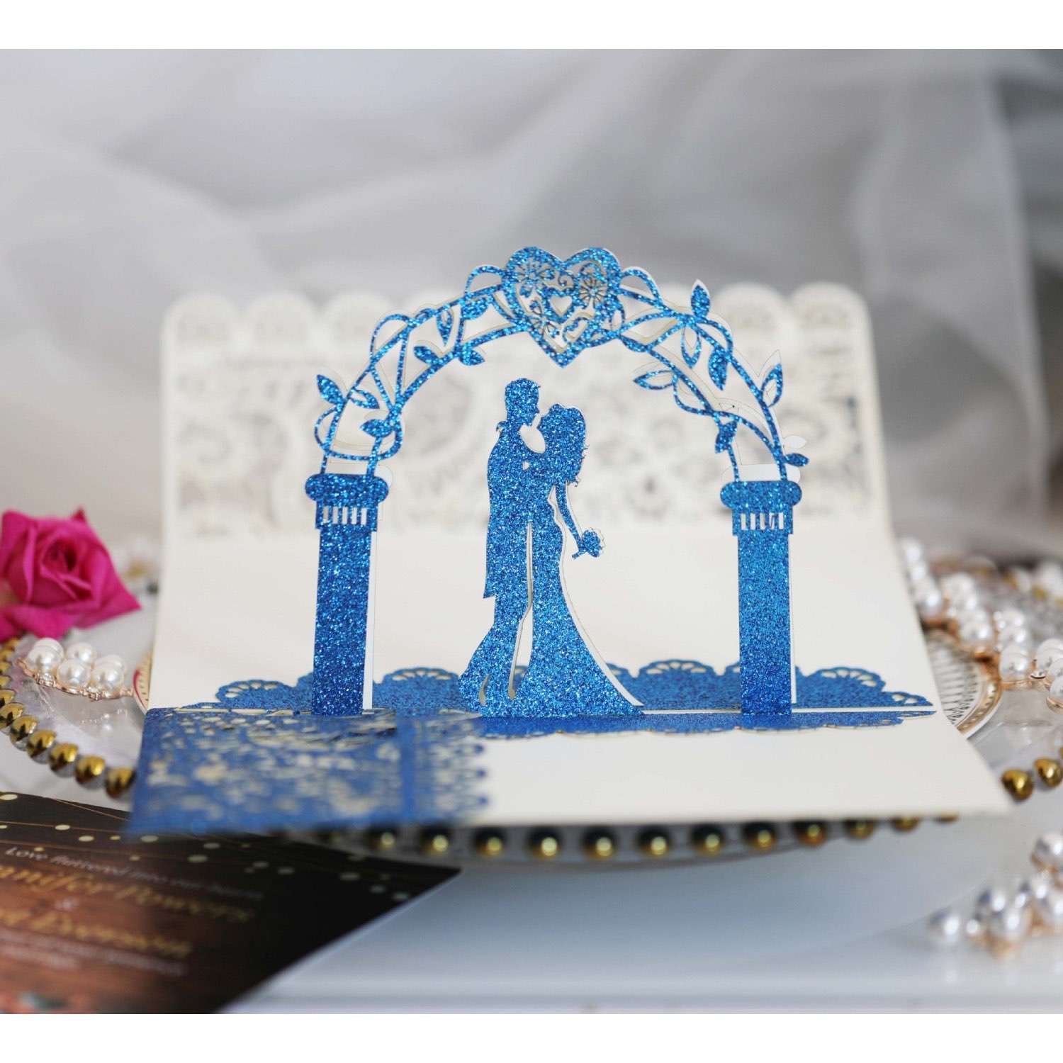 3D Marriage Invitation Card Laser Cut Invitation Pink Glitter Paper